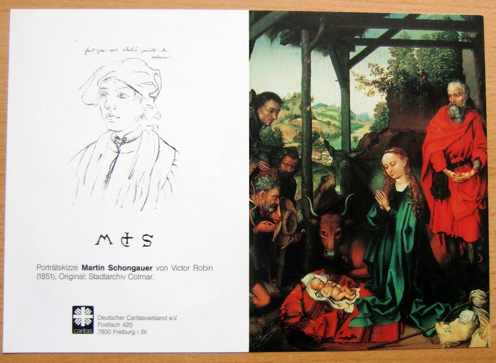 Weihnachtskarte "Martin Schongauer" oder "Blaubeurer Hochaltar" mit gestempelten Briefmarken