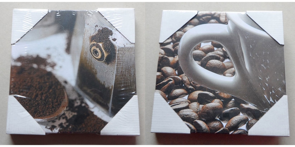 2 neue Wandbilder "Kaffee" - Stoff auf Holzrahmen 20x20cm