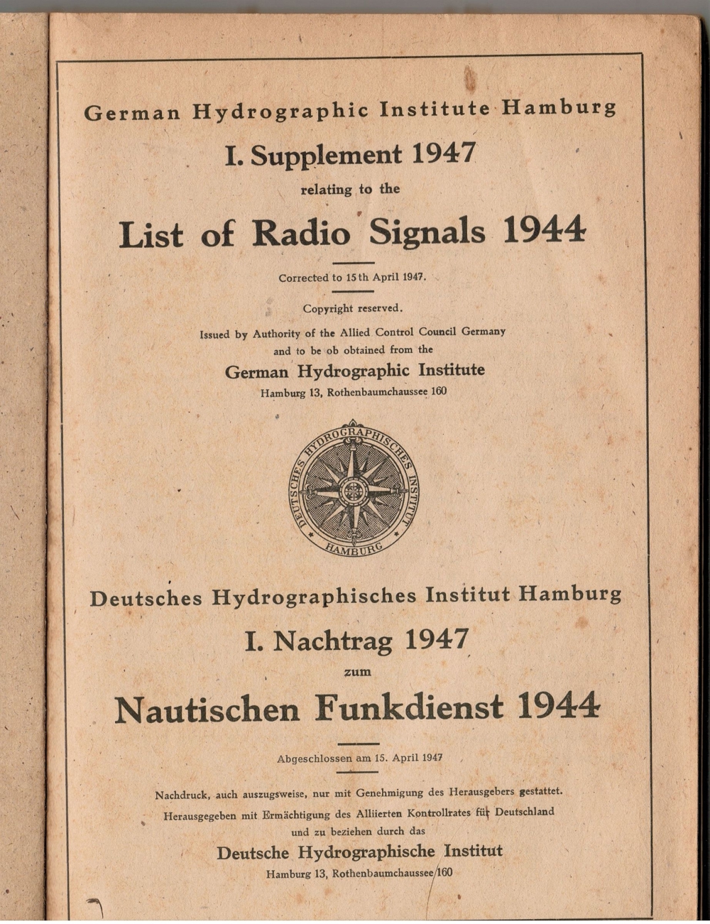 Deutsches Hydrographisches Institut Hamburg I. Nachtrag 1947 zum Nautischen Funkdienst 1944