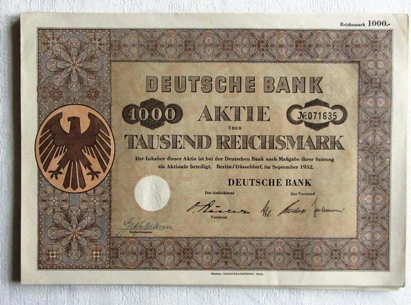 Deutsche Bank AG 1952 Berlin  Düsseldorf 1000 RM Restquote + kompl. Couponbogen
