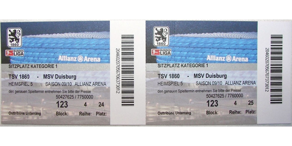 TSV 1860 München Eintrittskarte: TSV 1860 - MSV Duisburg 10 2009 Nostalgie