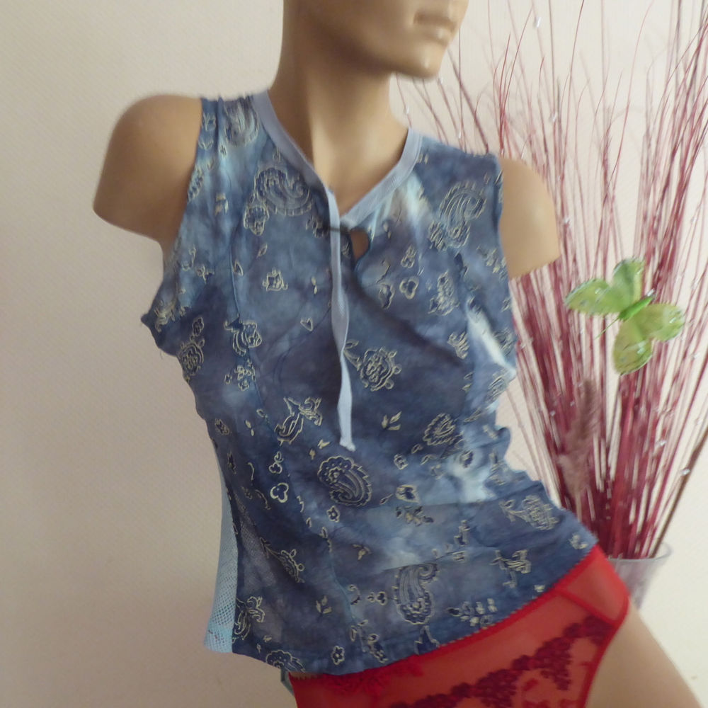 Top Shirt Sommertop Dress IN 40 M blau türkis hinten Mesh ärmellos