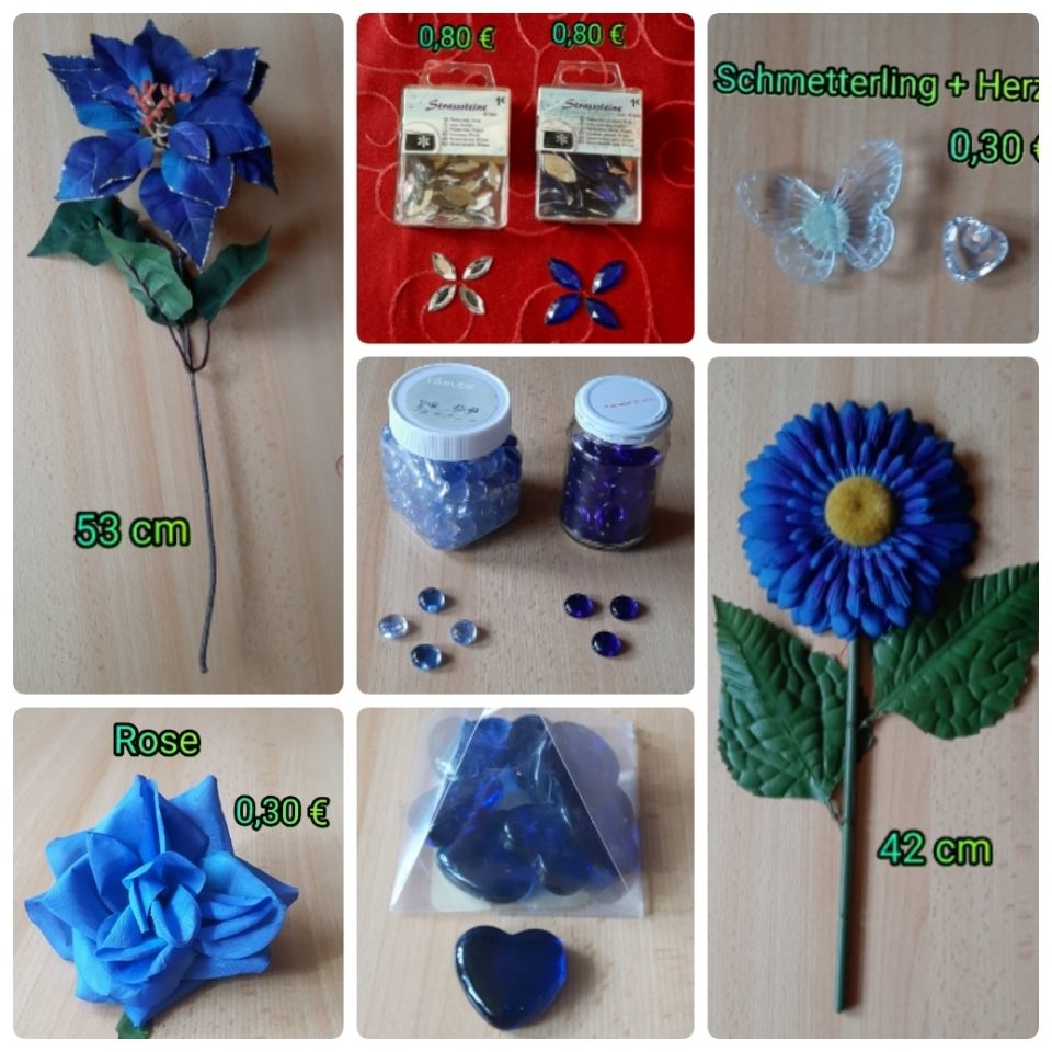 Bastelartikel Blumen Steine Herzen blau Dekoration