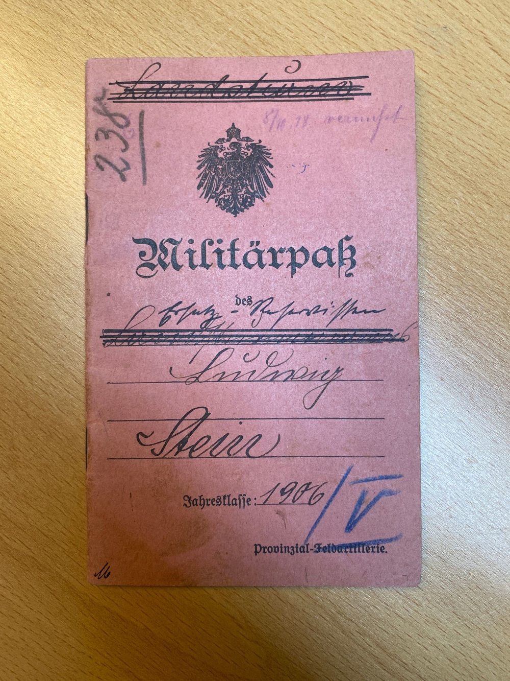 Militärpass 1906 Provinzial-Feldattillerie, erster Weltkrieg