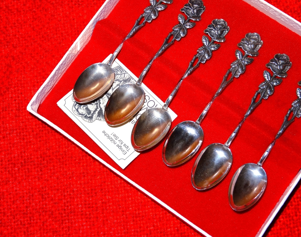 Sechs Mokkalöffel Hildesheimer Rose, Widmann Antik, 835 Silber