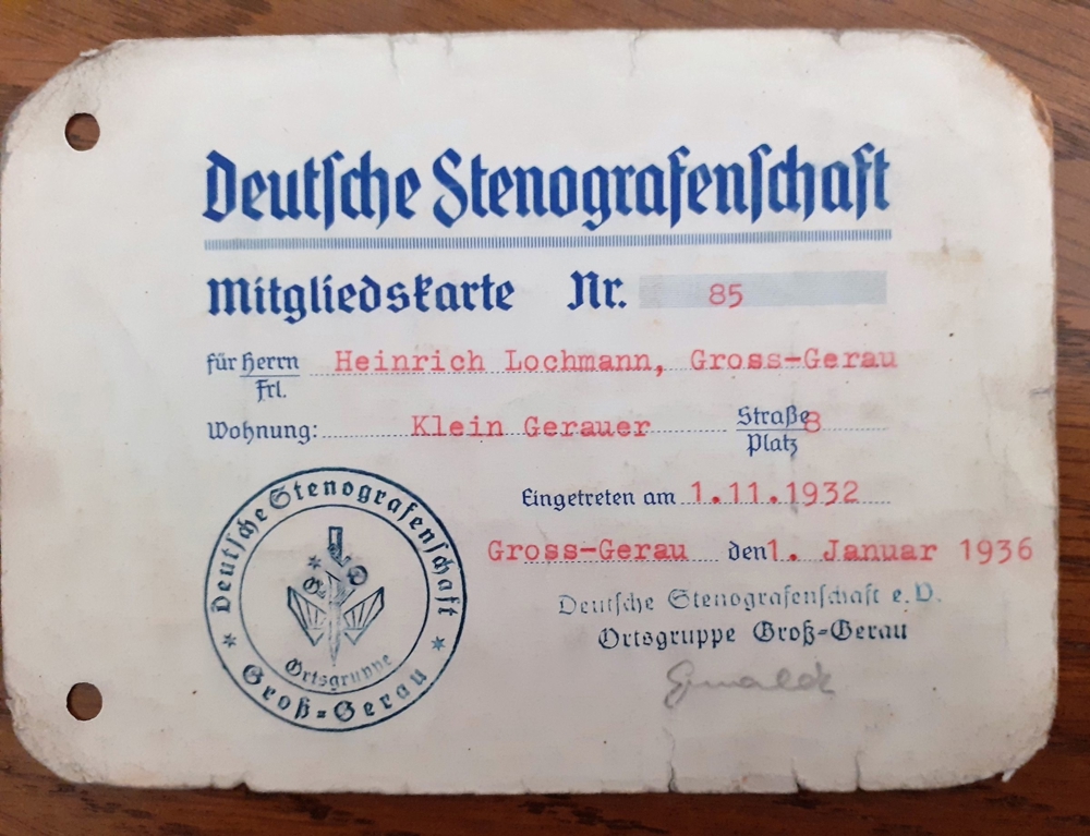 "Deutsche Stenografenschaft" Mitgliedskarte von 1936