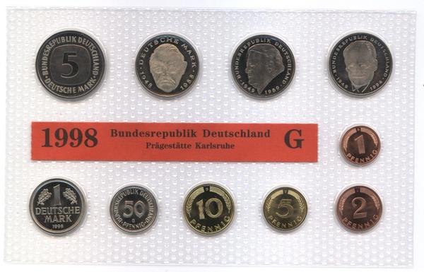 DM Kursmünzensatz von 1998, Münzstätte : alle Münzen von Karlsruhe (G)