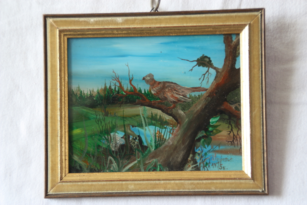 Biete Bild Hinterglasmalerei von Franjo Senjeri Landschaft mit Vogel