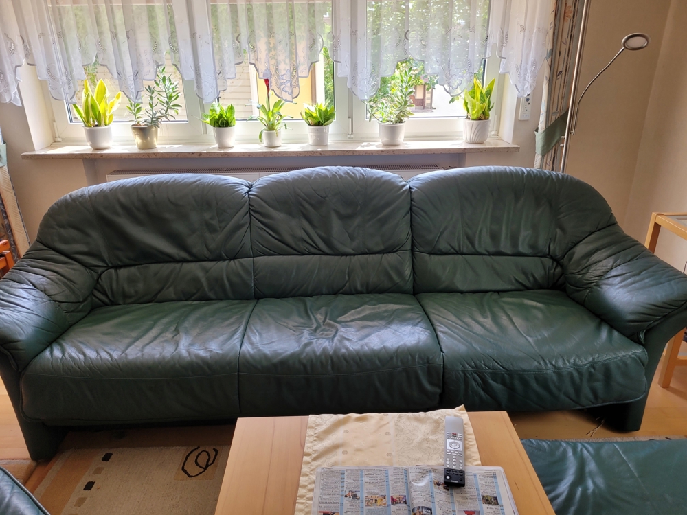 Leder Sofa Sessel und Hocker grün