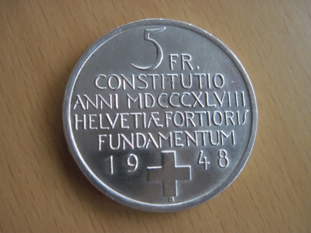 Münze 5 FRANKEN 1948 B 100 Jahre Verfassung, Schweiz als Bundesstaat Silber/Stgl.
