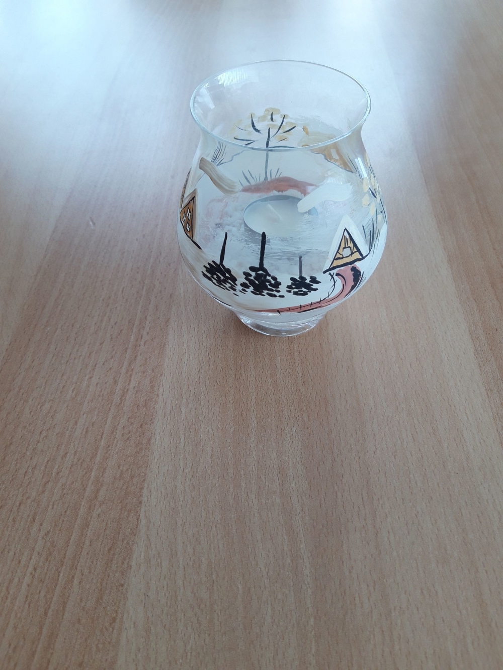 Kerzenhalter Teelichthalter Glas mit Wintermotiv und Dekosteinen