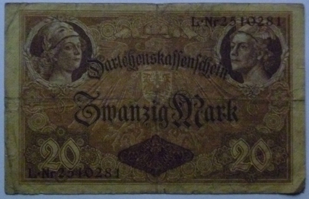 Banknote Geldschein 20 Mark Darlehnskassenschein Berlin 1914