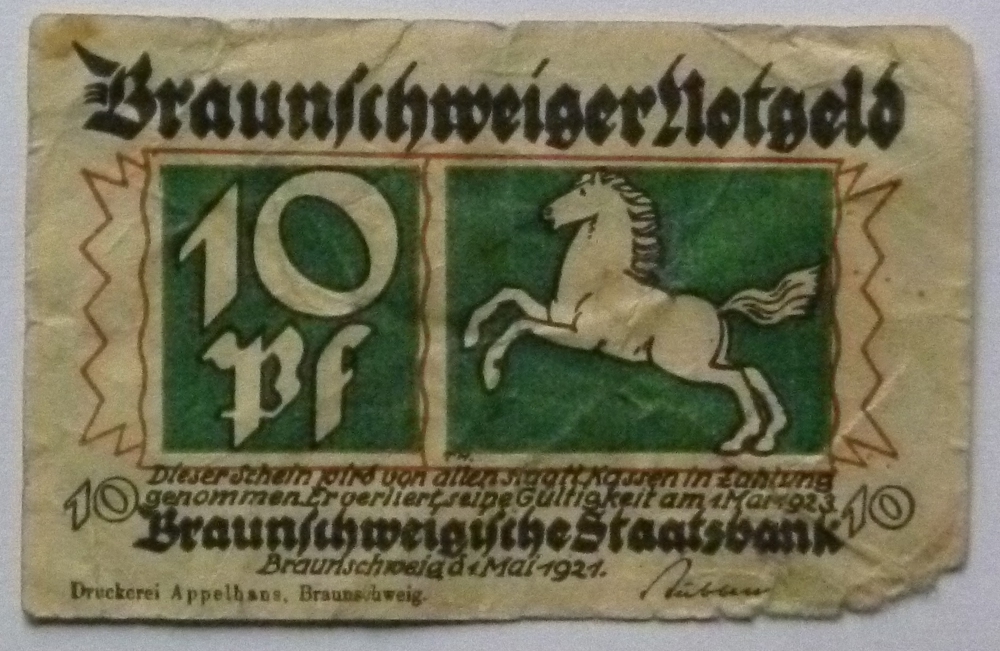 Geldschein 10 Pfennig Braunschweiger Notgeld 1. Mai 1921