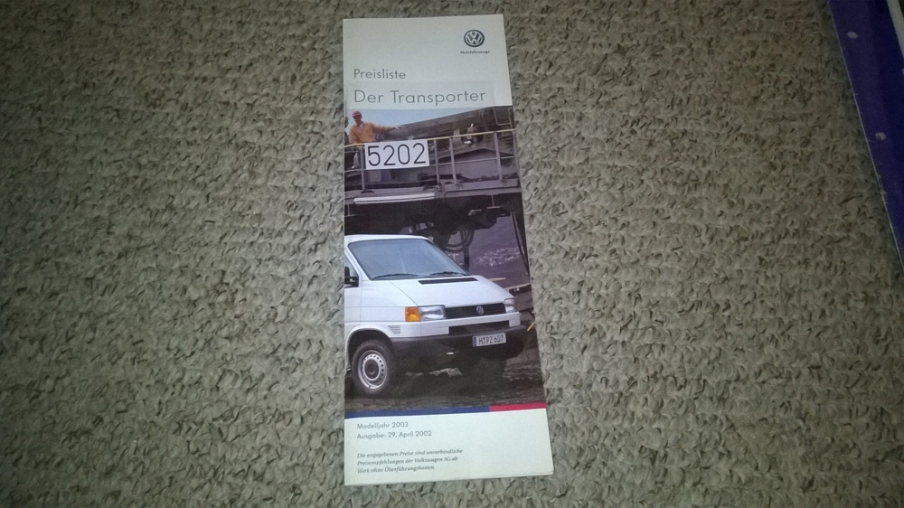 VW Transporter Preisliste 29.4.2002 - wenige Eintragungen