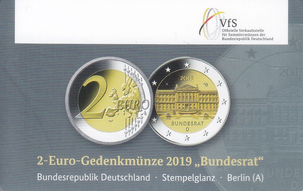 2 Euro Bundesrat - Original Coincard Ausgabe 29.02.2019 - Prägebuchstabe D Auflage 1.750 Stück -