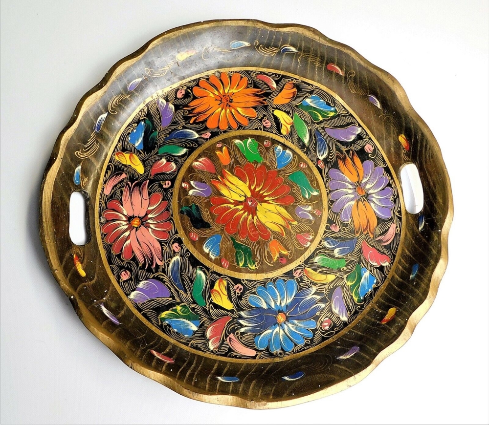 Tablett Teller Schale Platte Holz handbemalt volkstümlich floral bunt antik