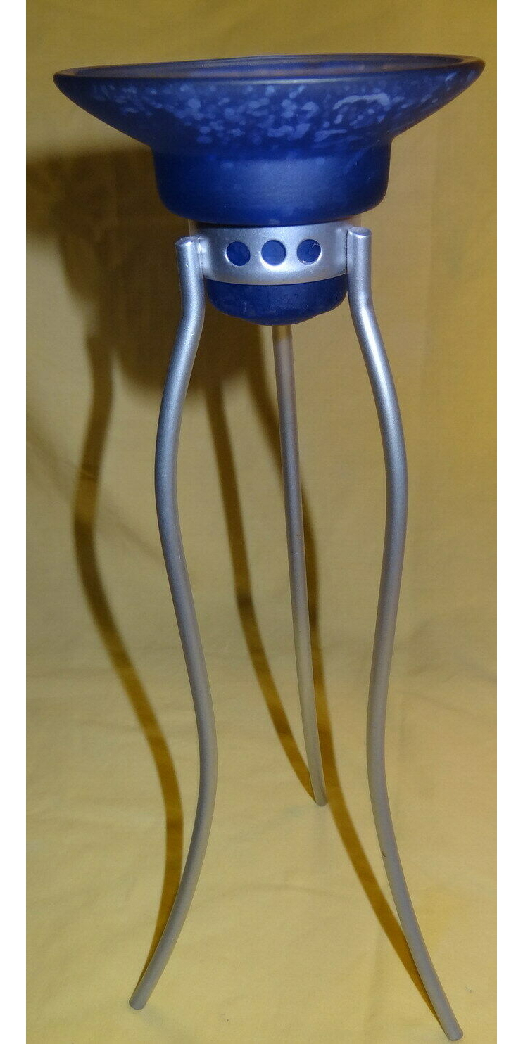 D Kerzenhalter Teelichthalter Glas blau Metall   8,3 H26,5 kaum benutzt gut erhalten Dekoration