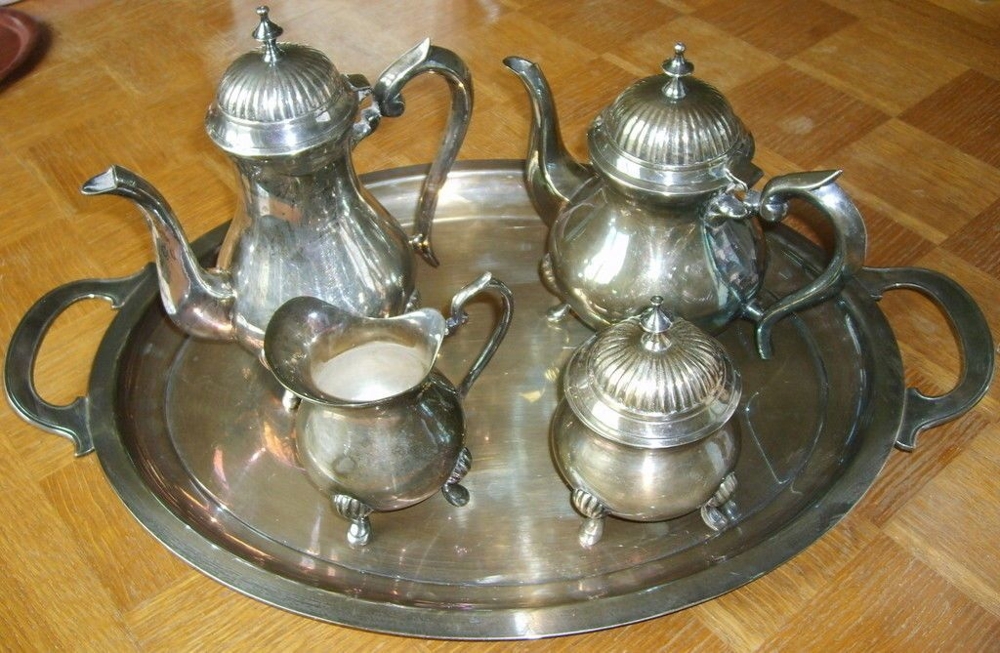 J FRIONNET FRANCOIS Kaffee-+Tee Set mit Tablett 5teilig E.P.Nickel-Silber sehr