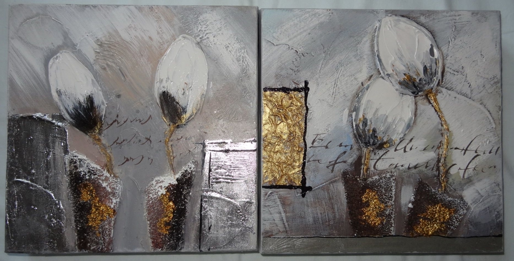 DL Bilder 2 Stück künstlerische Malerei Acryl Blumen Holzrahmen gespannt 25x25 Wandbild Bild +Rahmen