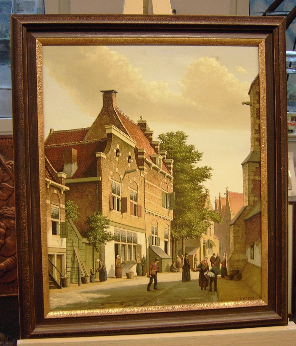 Original Ölgemälde von Vergeer - Altholländische Stadtidylle