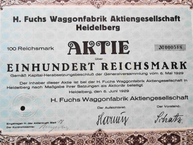 H. Fuchs Waggonfabrik AG 1929 Heidelberg, Historisches Wertpapier, alte Aktie, 100 Reichsmark