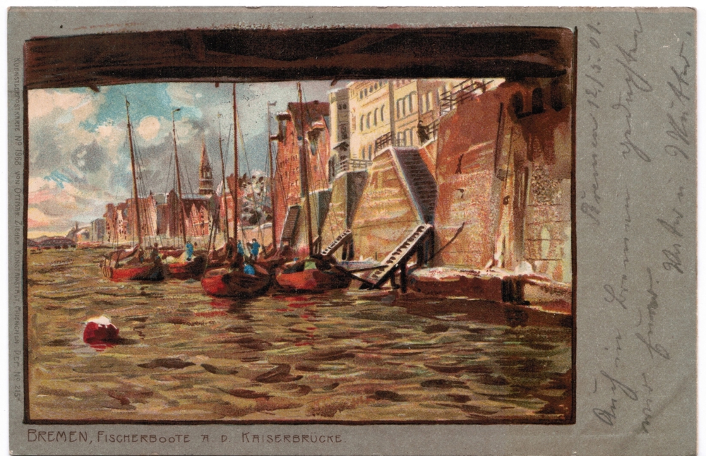 Bremen, Fischerboote a. d. Kaiserbrücke. Lithografie anno 1901, AK