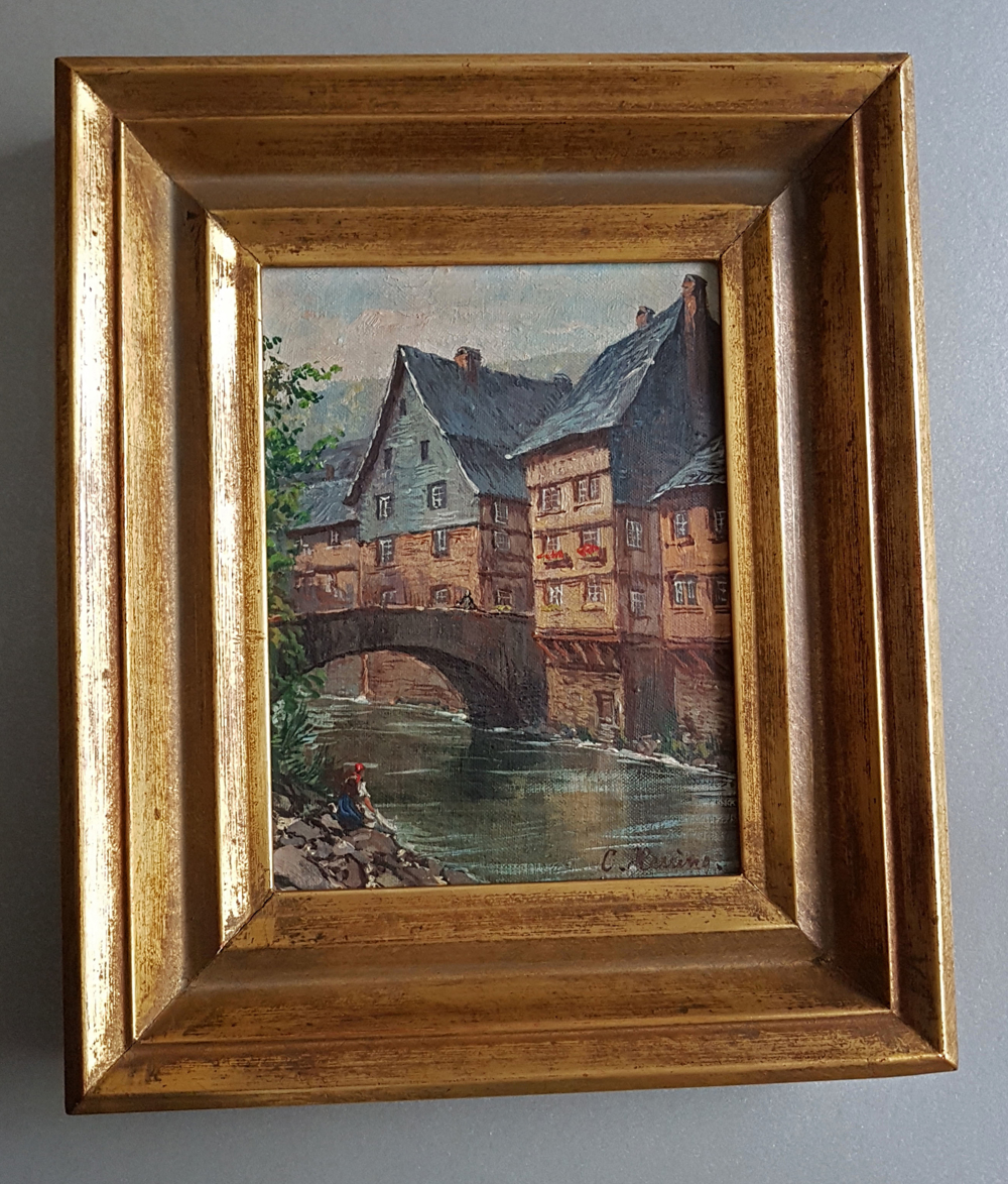 Monschau Montjoie Ölgemälde signiert Altstadt Fachwerkhaus Rur Eifel Deutschland