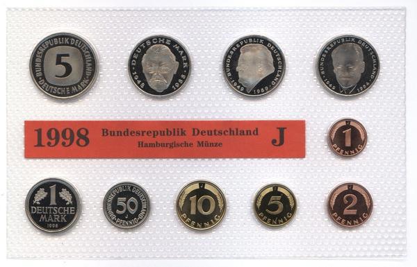 DM Kursmünzensatz von 1998, Münzstätte : alle Münzen von Hamburg (J)
