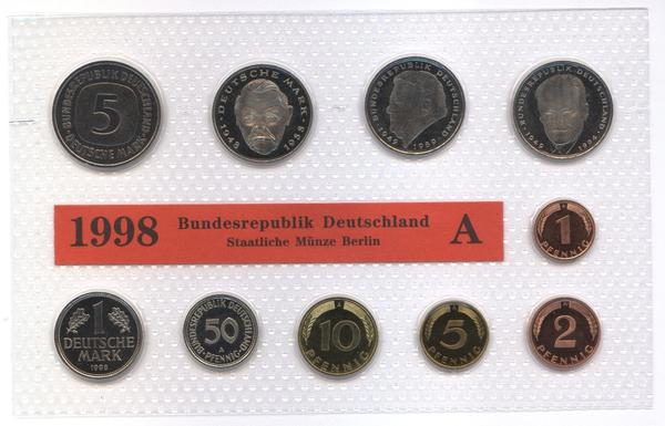 DM Kursmünzensatz von 1998, Münzstätte : alle Münzen von Berlin (A)