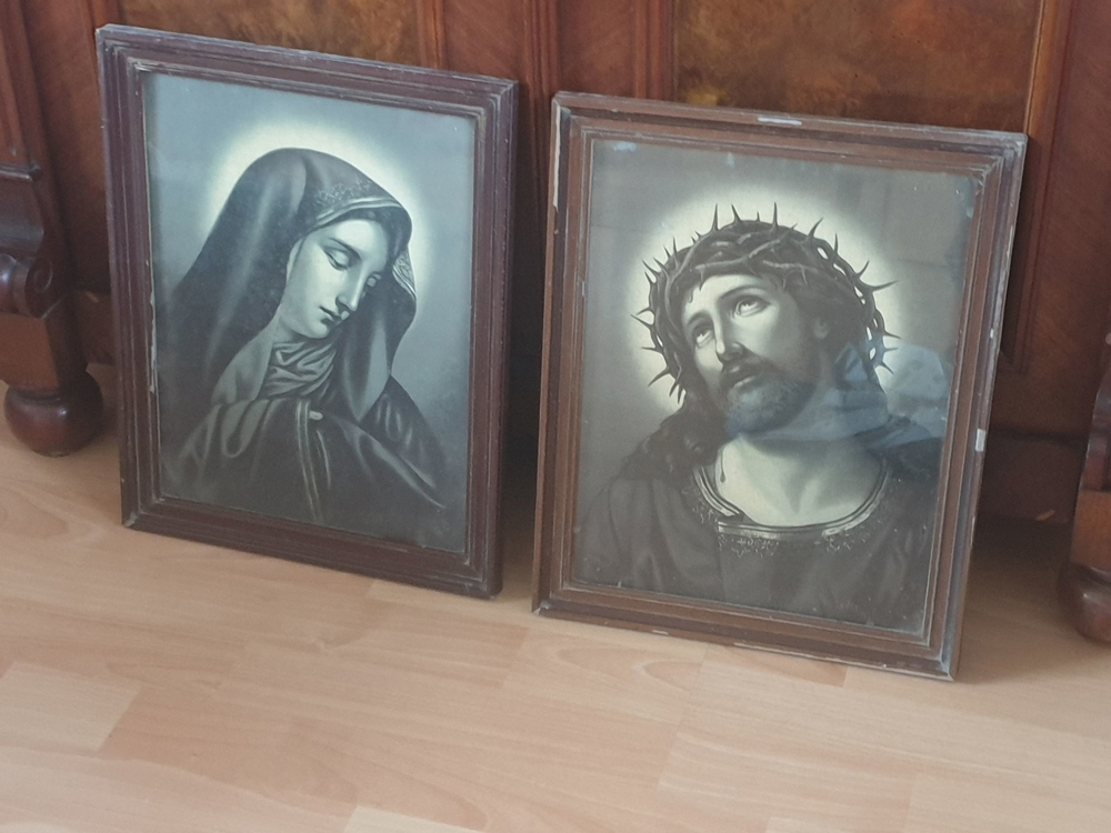 Alte christliche Bilder, Maria und Josef, Alte Rahmen, Glas