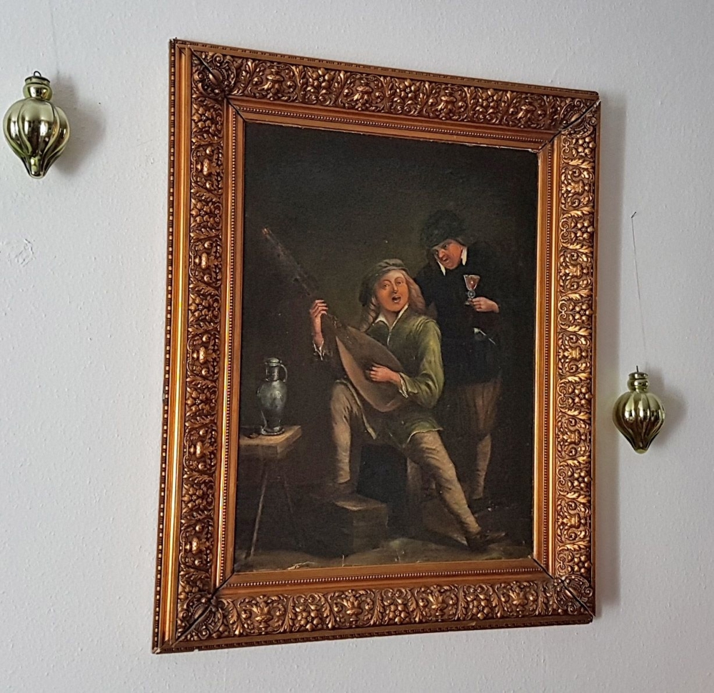 Ölgemälde 18. Jh. Spielleute Zupfinstrument Gesang Weinprobe Zinnkanne Burg Mittelalter Laute Fidel