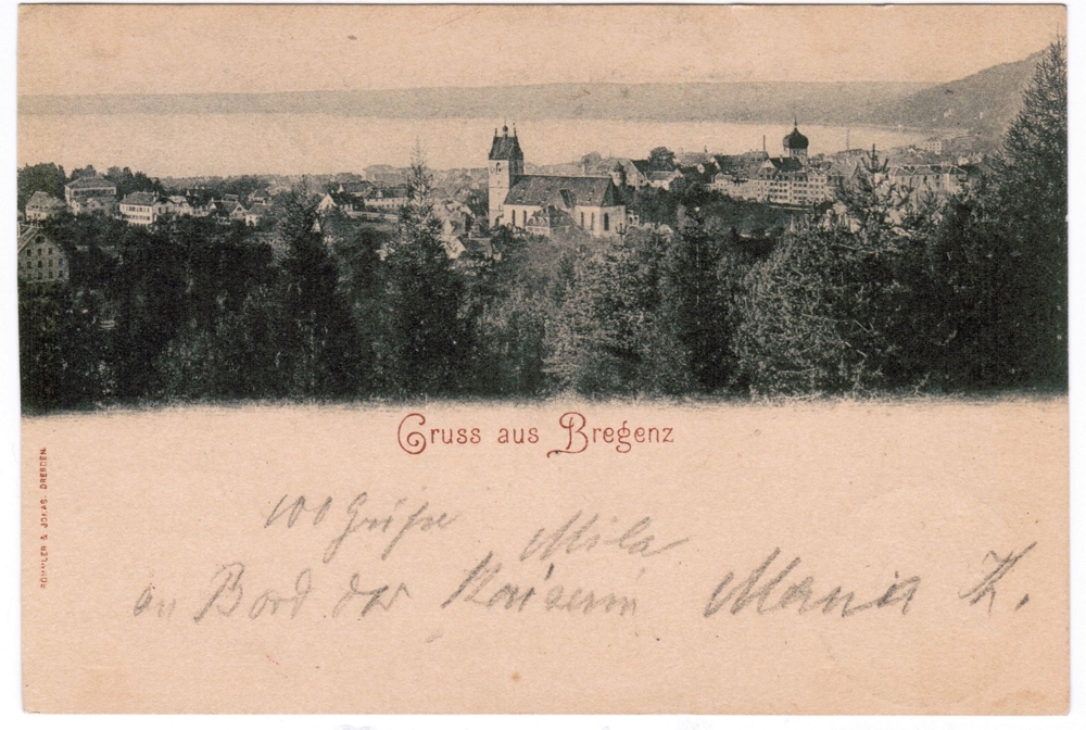 Bregenz, Correspondenz-Karte, Schiffspost, Baronin von Schenck, Schweinsberg, Mathilde v. Ploennies,
