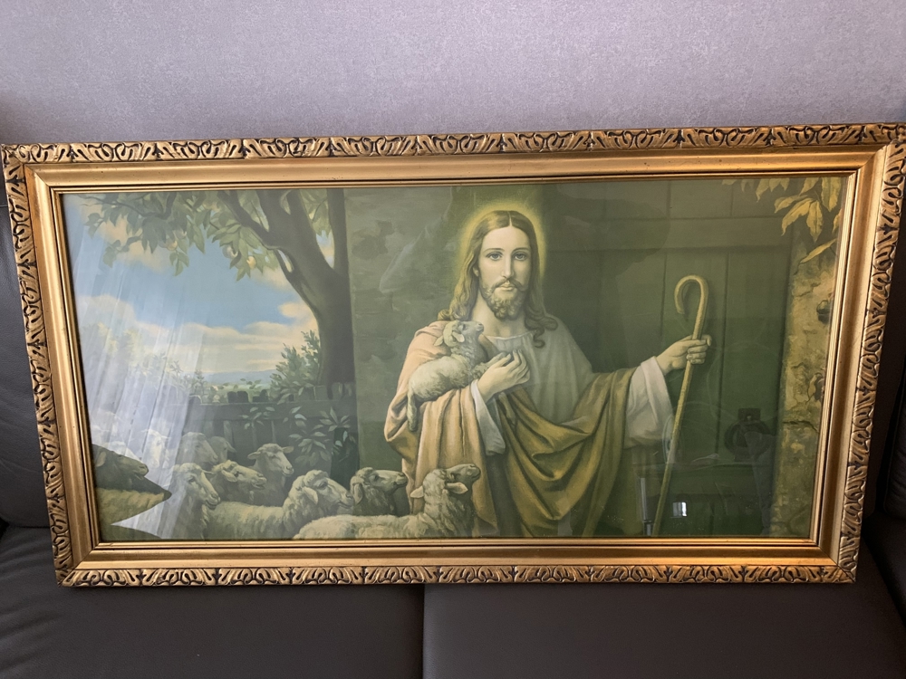 Großes altes VINTAGE HEILIGEN BILD Jesus mit Schafherde Bilderrahmen Gold 110 x 60 cm 1940er/50er