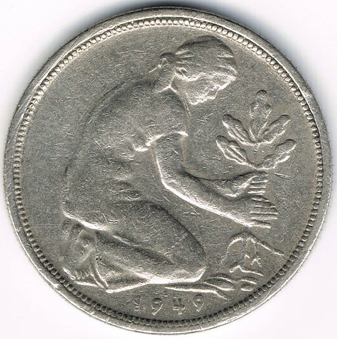 50 Pfennig Münze - Bank Deutscher Länder - 1949 - Prägung F - Stuttgart