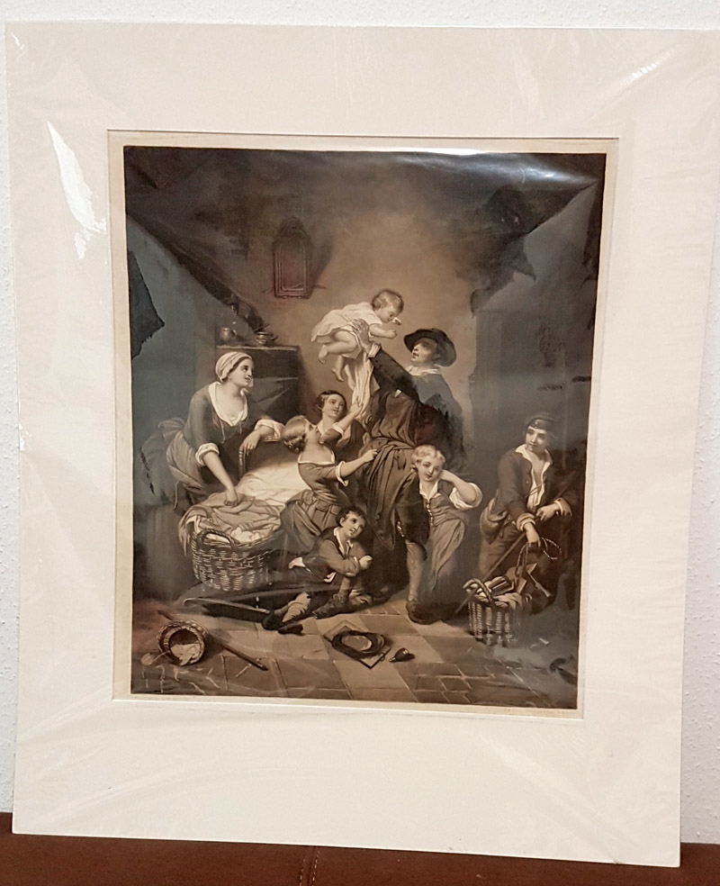 Grafik Galvanographie 1860 Vater Familie Kinder Mutter Baby Wiege v. Gemälde " Des Vaters Heimkehr "