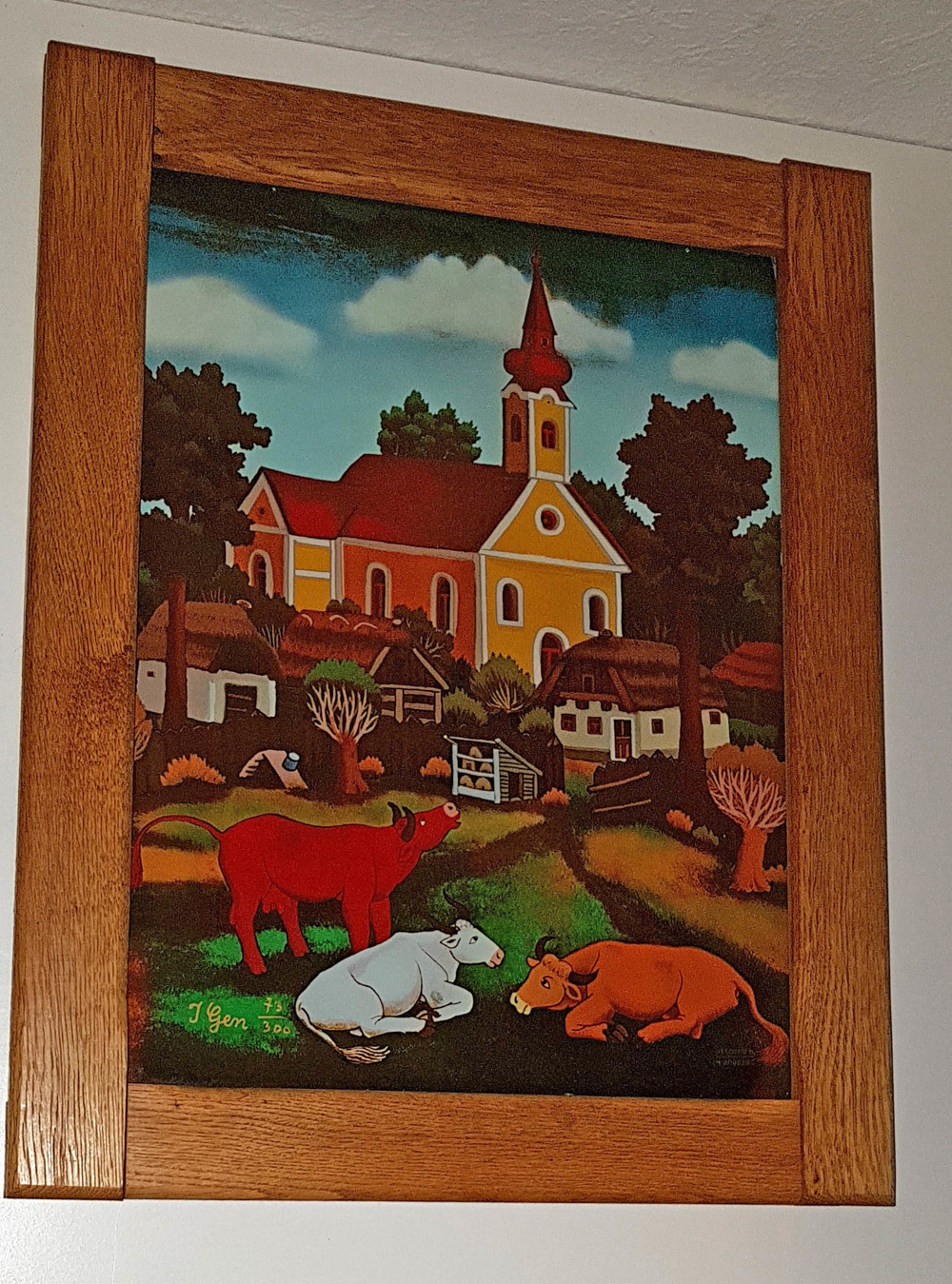 Hinterglasbild Gemälde Kuh Kirche Dorf Bauernhof signiert nummeriert Eiche