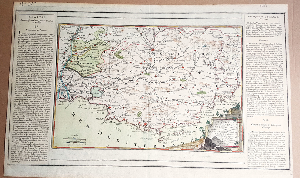 Kupferstich koloriert 1783 Landkarte Provence Frankreich Mittelmeer Marseille Paris