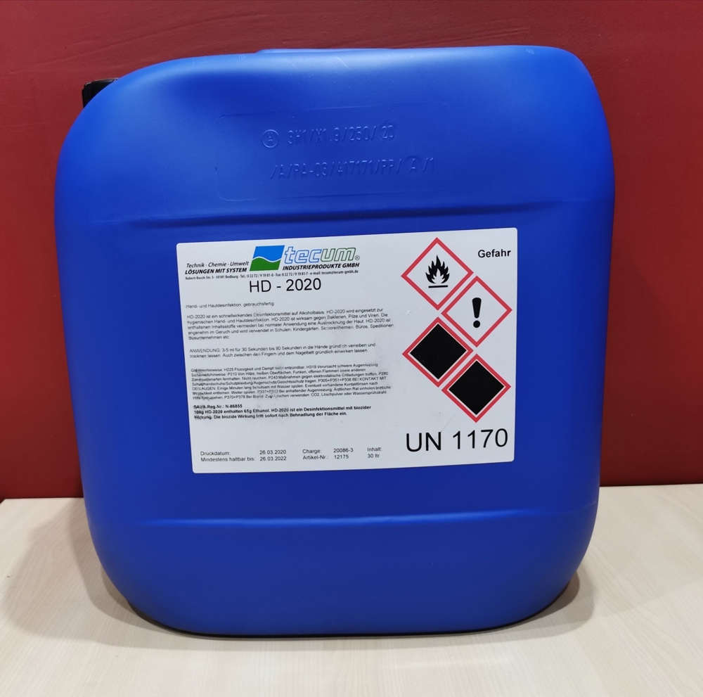 Tecum HD-2020 - 30 Liter UN 1170, Ethanol, Lösung, 3, II, (D/E) (MHD 26/03/22)