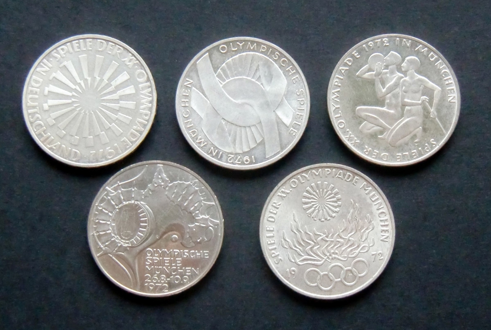 5 x 10 DM Silber Münzen Olympiade Deutschland 1972 oder Österreich 1976 Schilling