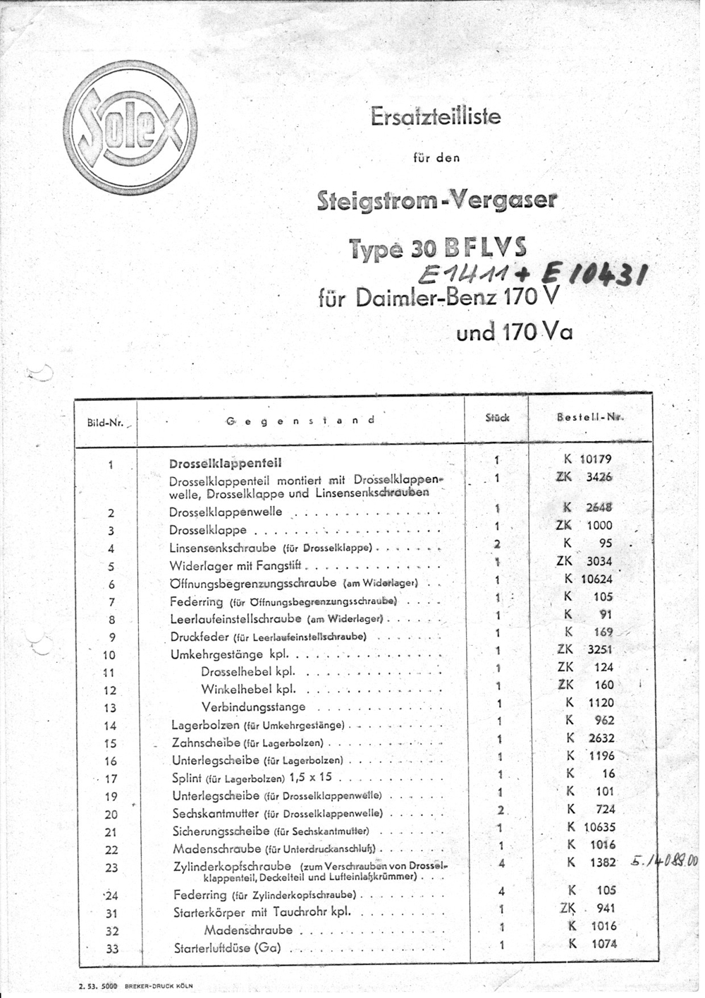 Solex Vergaser 30BFLVS Mercedes-Benz 170V & 170Va Ersatzteile