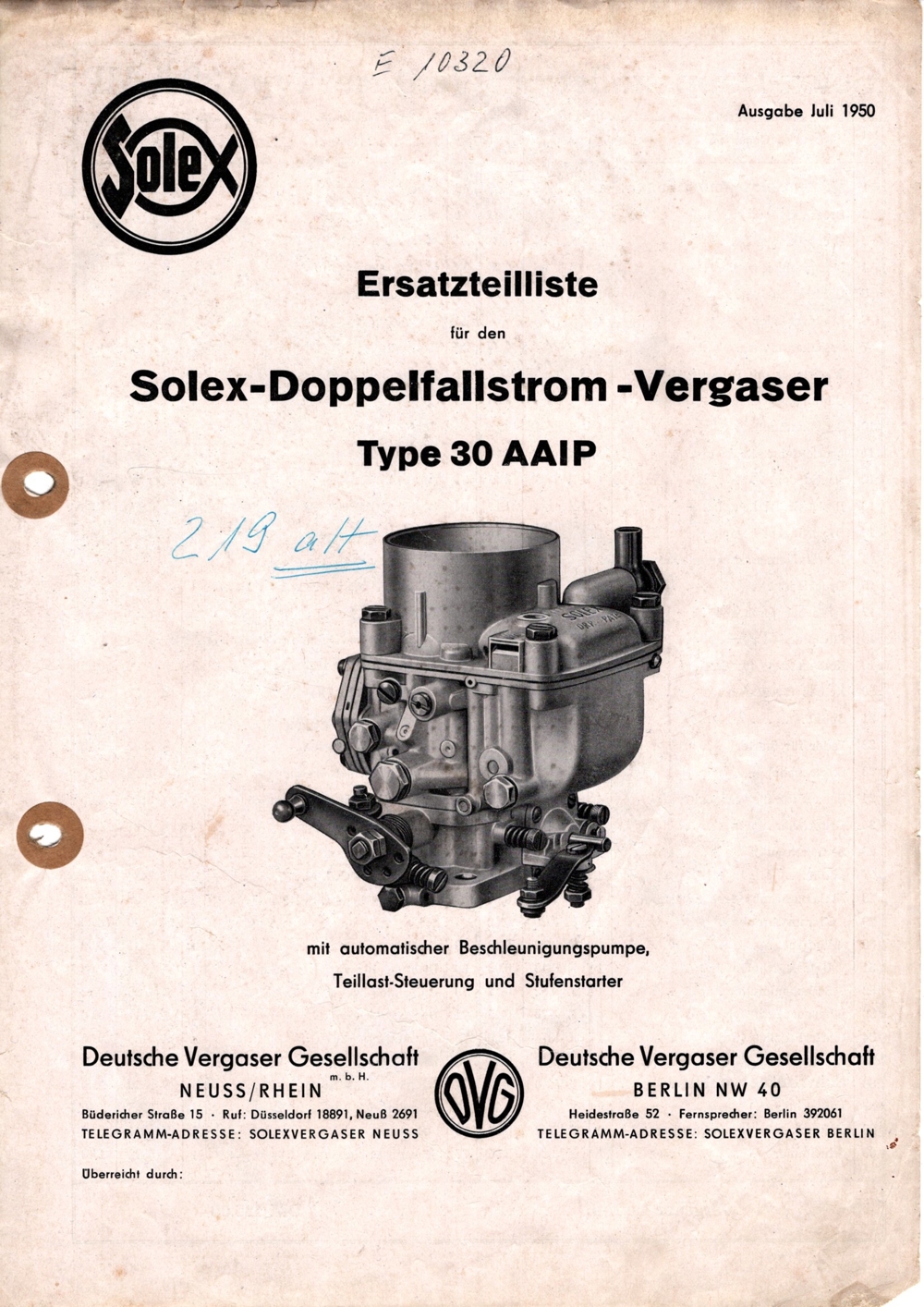 Solex Vergaser 30AAIP Mercedes-Benz 219 alte Ausführung