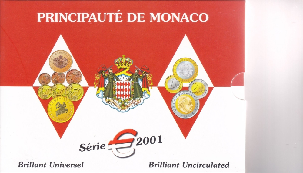 Monaco Kursmünzsatz 2001 brilliant uncirculiert im Original Folder 1 Cent - 2 Euro