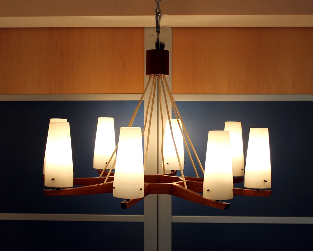 Teak Holz Deckenleuchte Lüster Tütenlampe Sternlampe danish Design 8 Flammig 60er Jahre