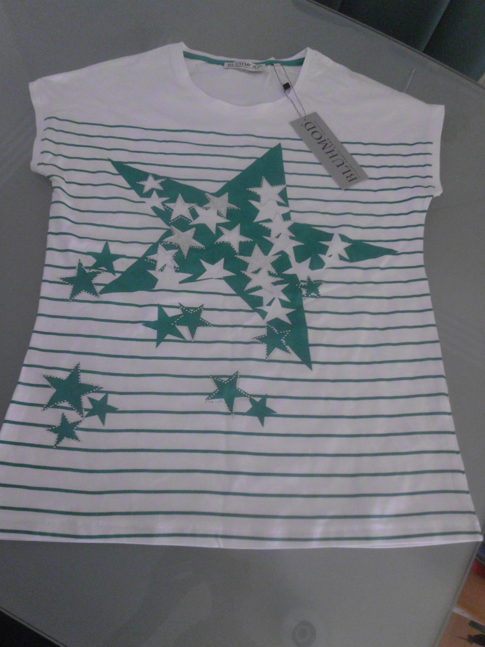 NEU!!! Damen T-Shirt weiß türkis mit Stern Gr. S Gr. 36 *mit Etikett*