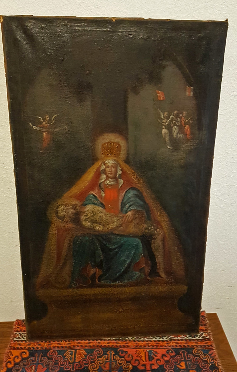 18Jh Ölgemälde Pietà Maria Jesus Christus Engel Kreuz Fahne Marien Krone Memento Mori Ex voto