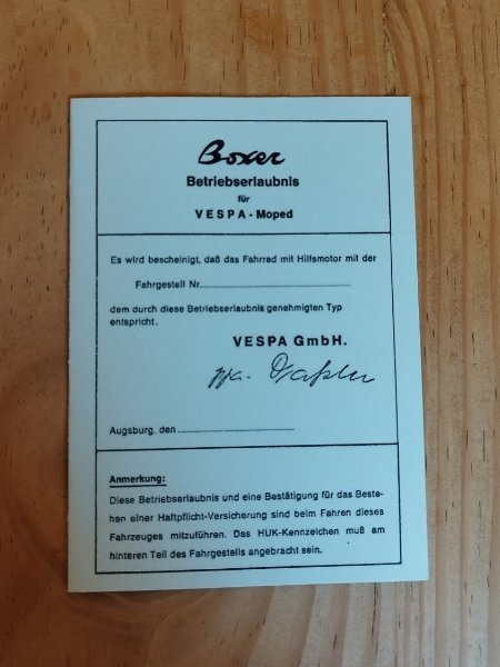 Vespa Boxer Moped Betriebserlaubnis ABE