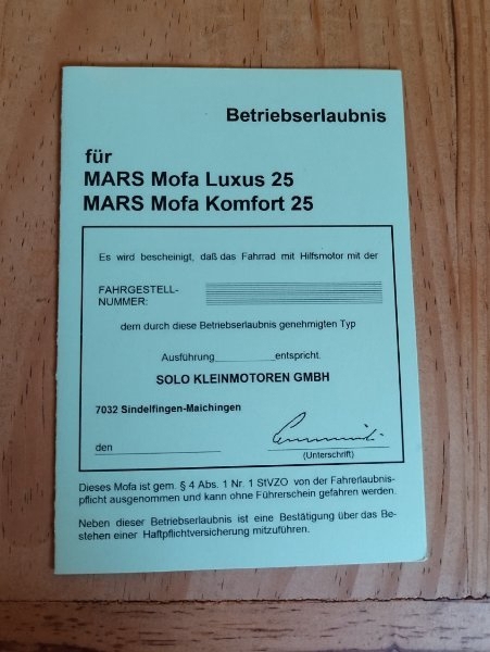 Solo Mars Mofa Luxus Komfort 25 Betriebserlaubnis ABE