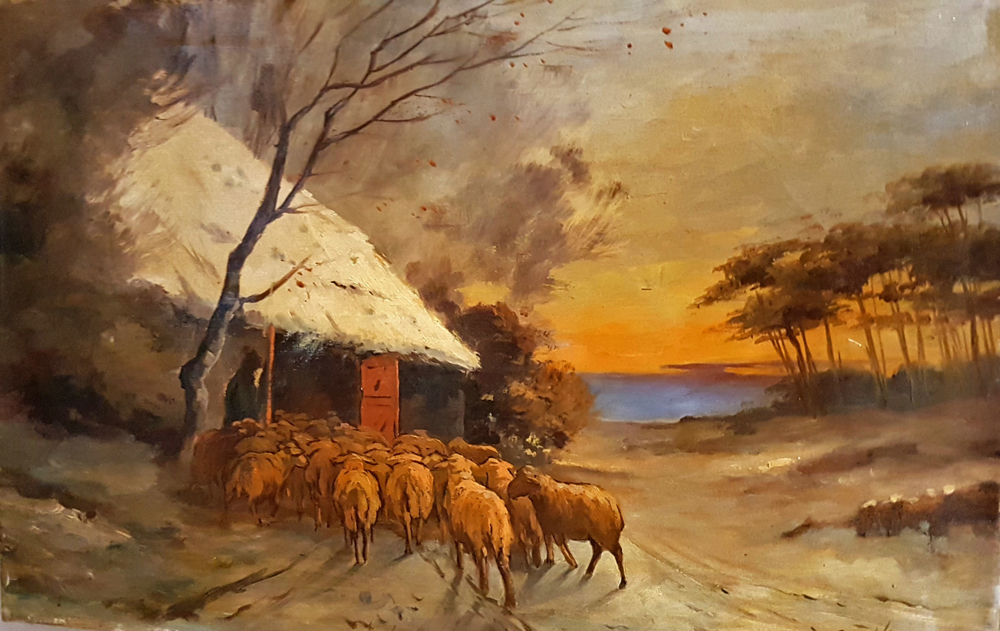 Uriges Ölgemälde Schafe Schnee Alm Hütte Hirte Impressionismus antik Herde