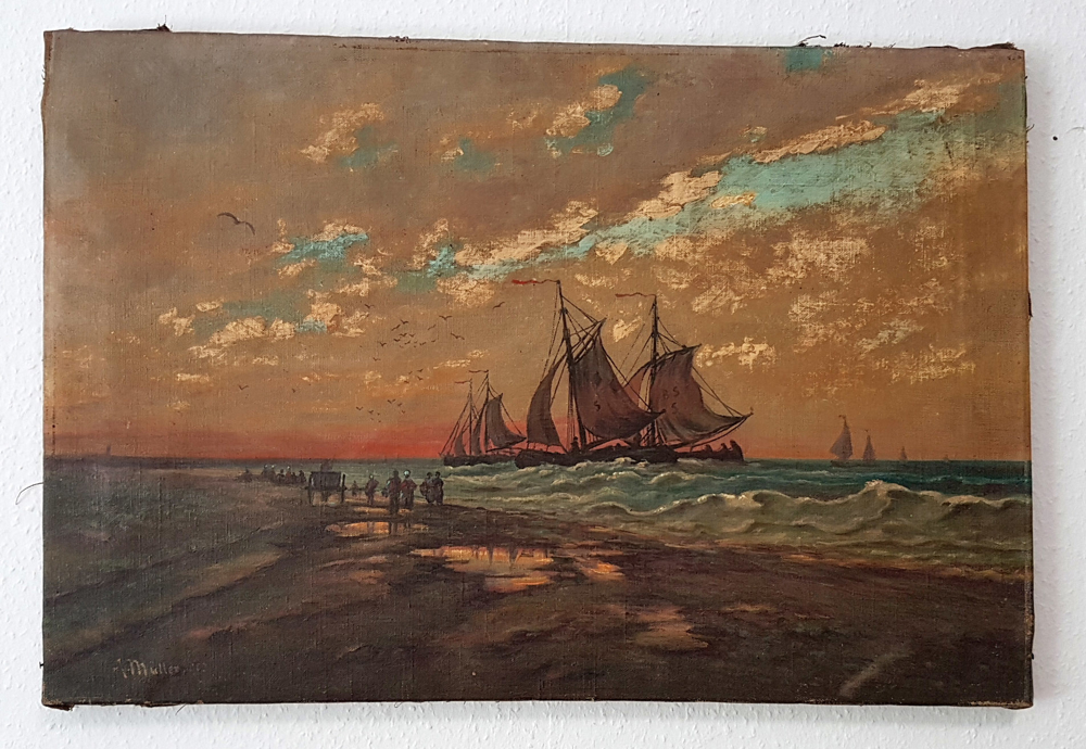 1903 Ölgemälde Fischer Segelschiff Meer Strand Tjalk Nordsee Abendrot Vintage