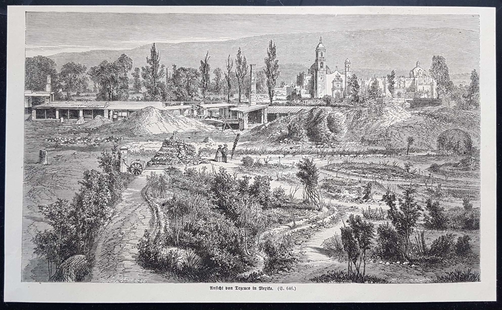 Ansicht von Tezcuco in Mexiko Holzstich um 1860 antik